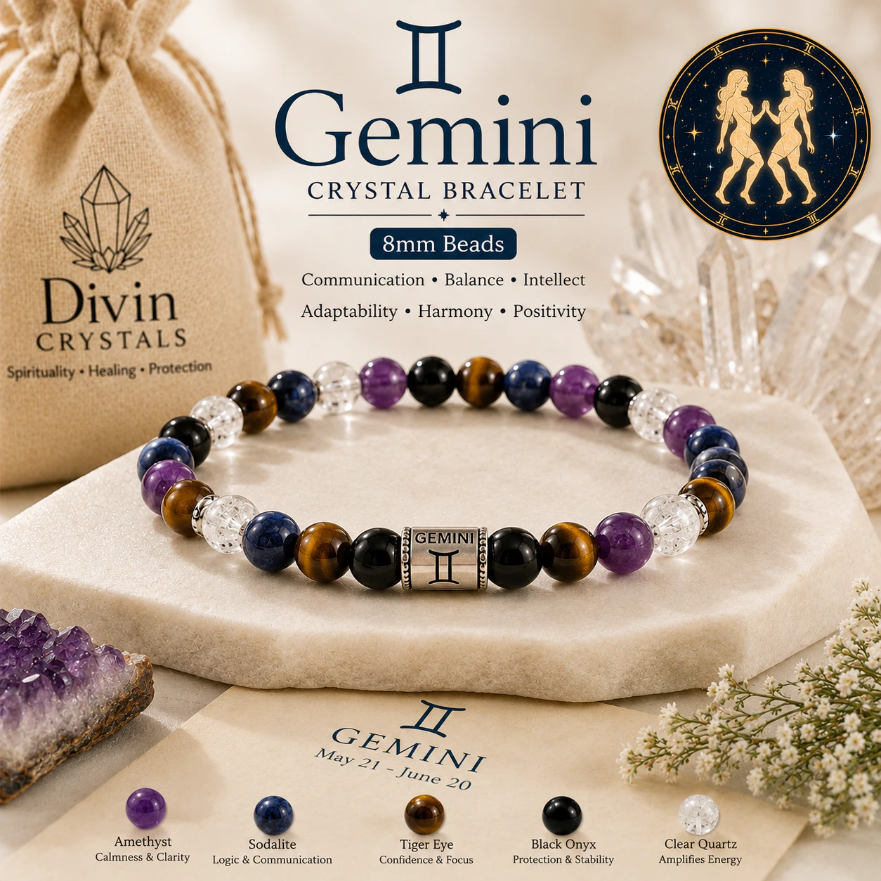 Gemini Crystal Bracelet 8mm