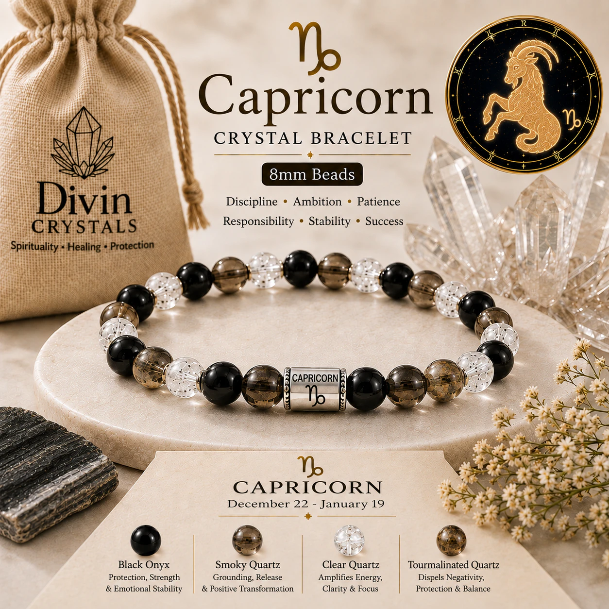 Capricorn Crystal 8mm Bracelet