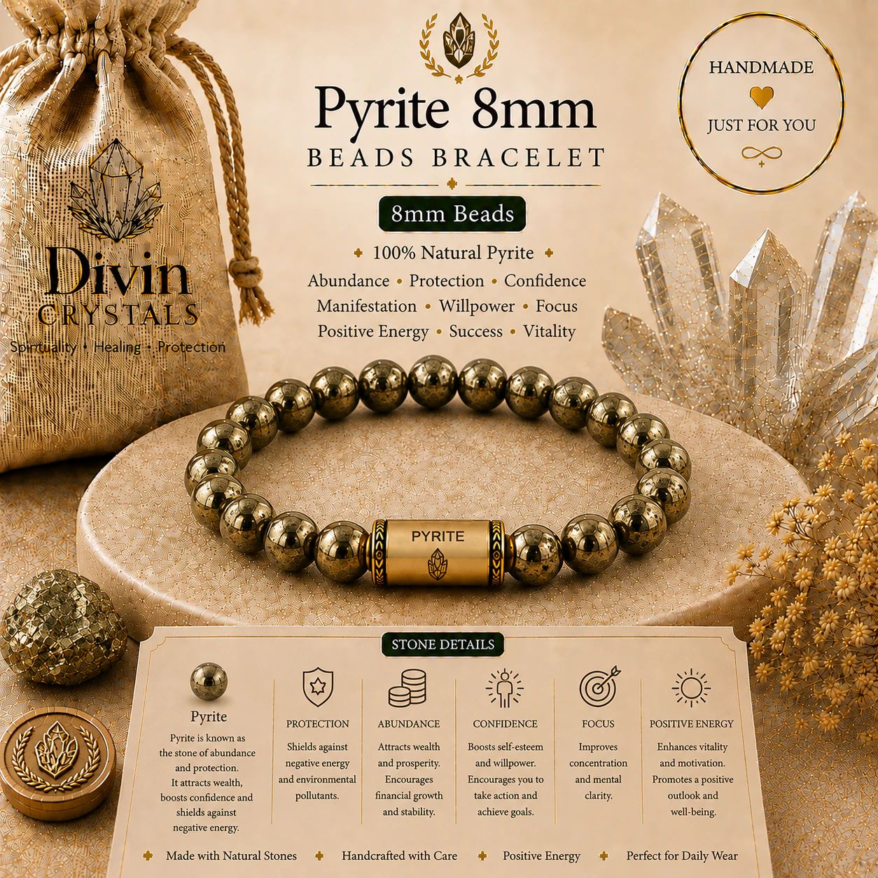 Pyrite 8mm Beads Bracelet