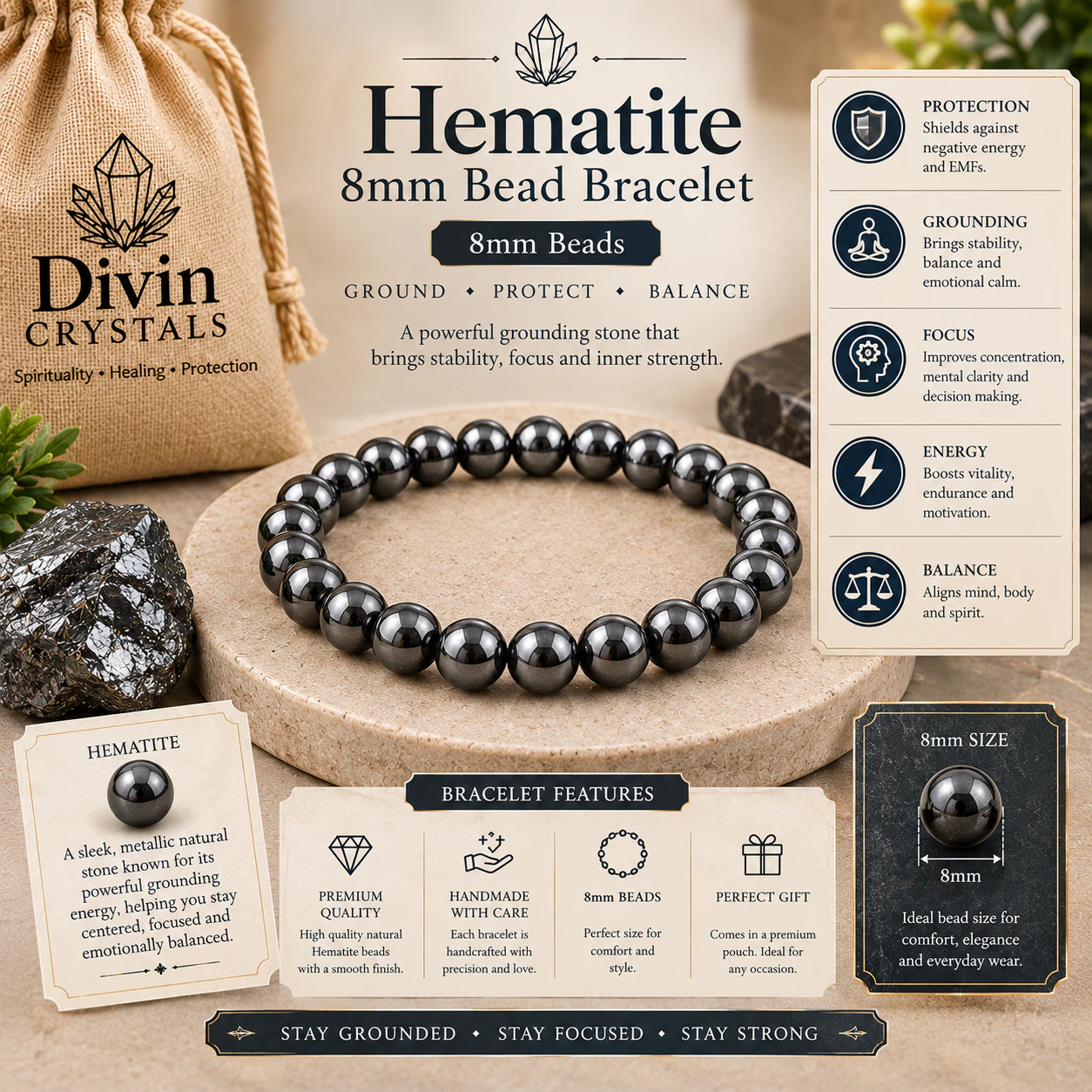 Hematite 8mm Bead Bracelet