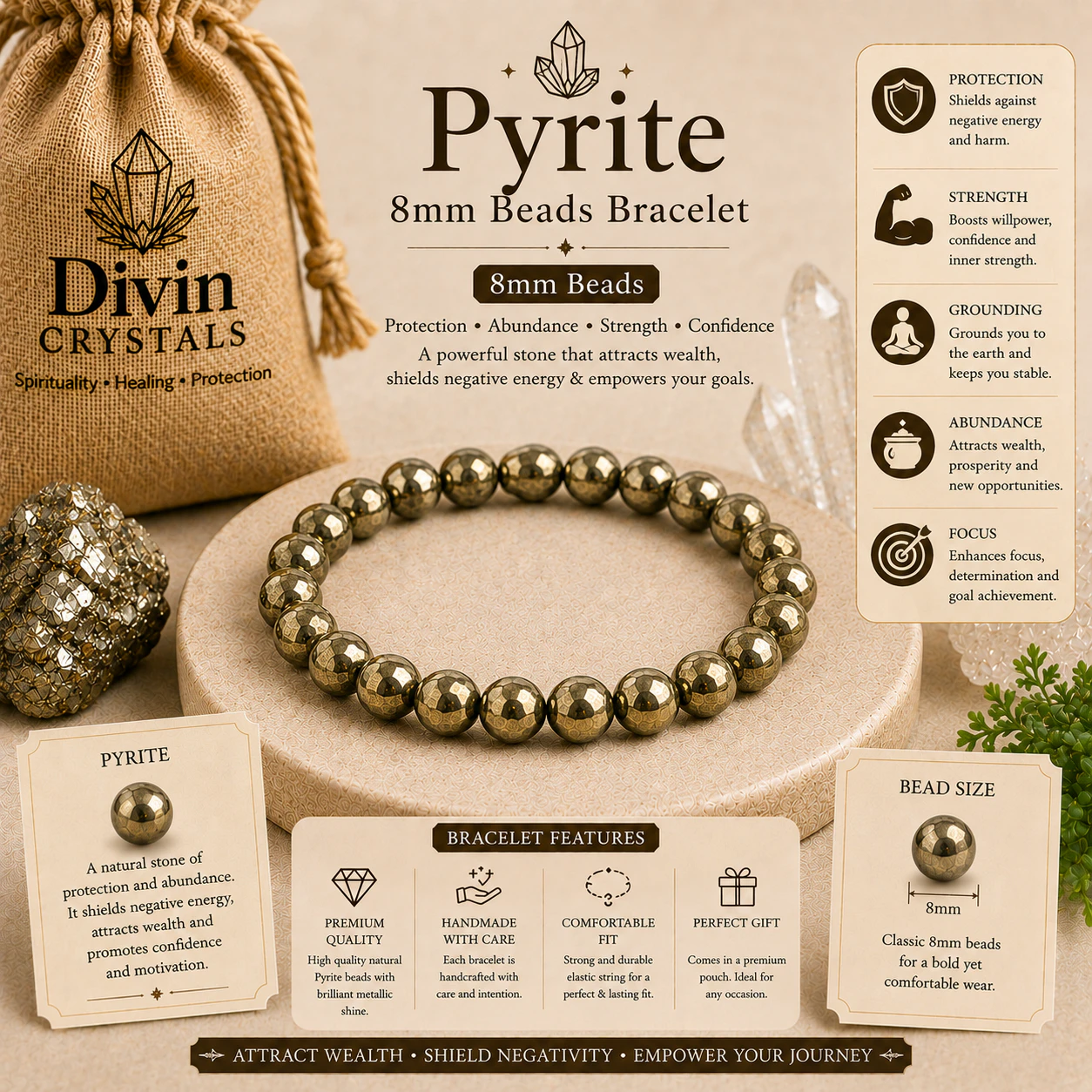 Pyrite 8mm Beads Bracelet