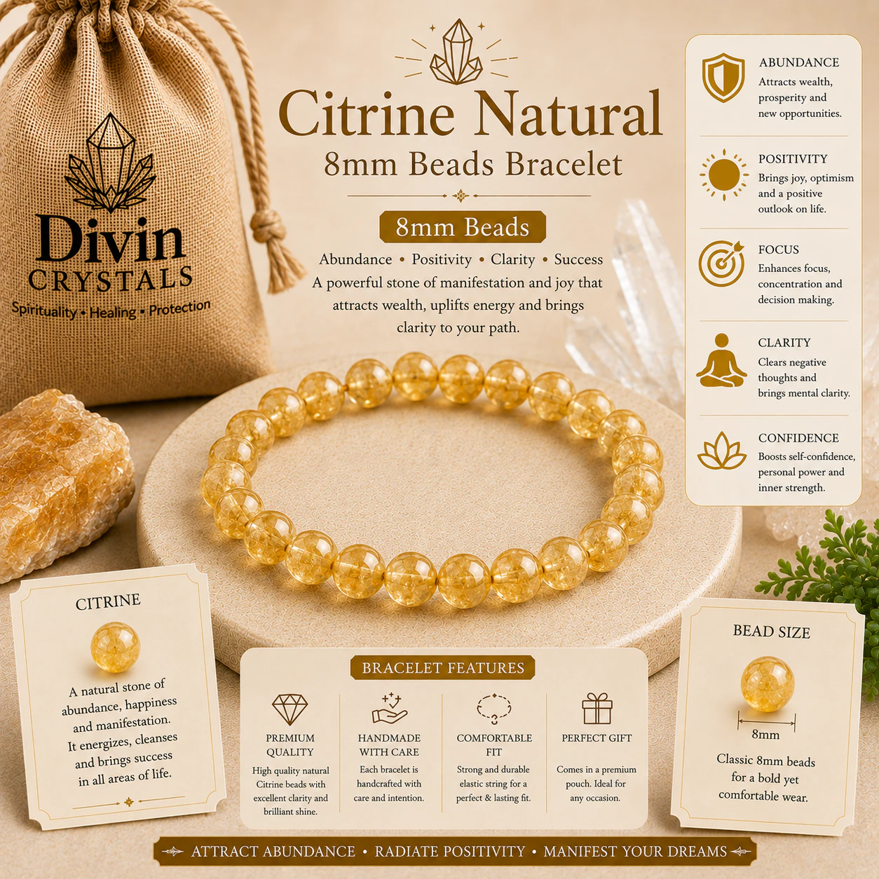 Citrine Natural 8mm Beads Bracelet