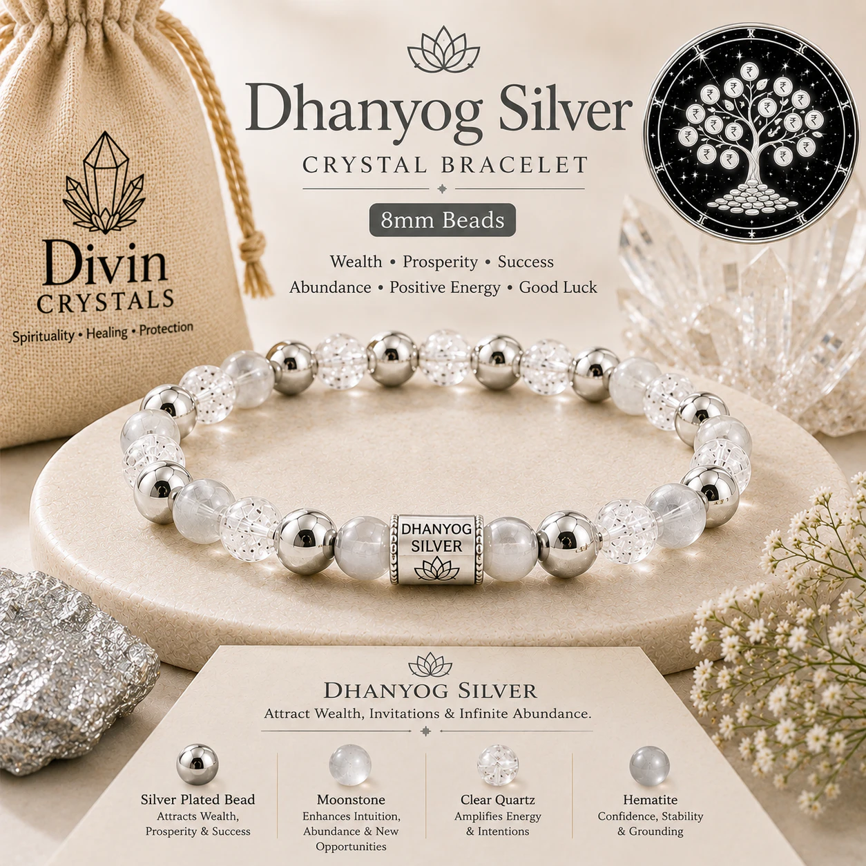 Dhanyog Silver 8mm Bracelet