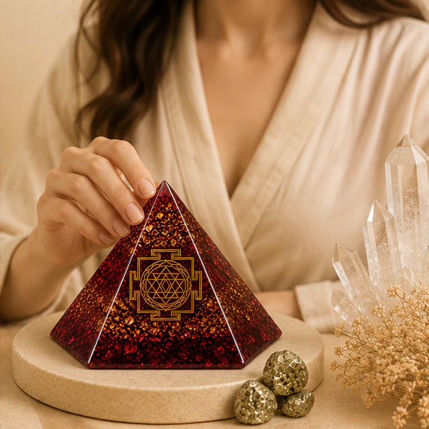 Orgonite Pyramid  Lakshmi Yantra with Raw Pyrite Stone